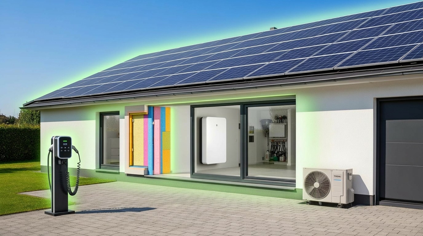 Duurzame Nederlandse woning met zonnepanelen, laadpaal, thuisbatterij, isolatie, warmtepomp en kozijnen